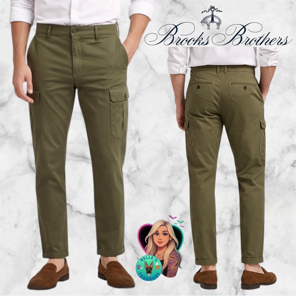 Brooks Brothers Mens 34x30 Green Stretch Cargo Pants Slim‎ Fit Utility Military